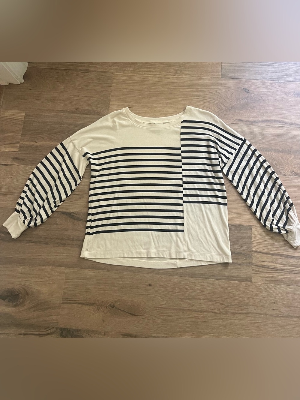 CAbi Cream and Black Striped Boatneck Top